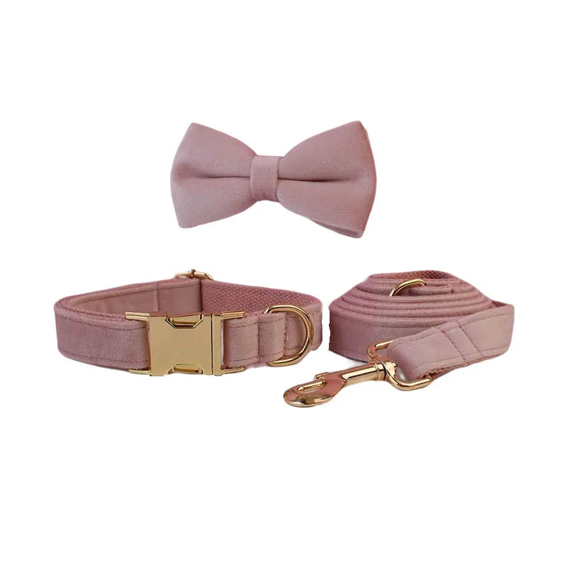 Velvet Luxury Personalized Pet Set – Harness, Collar with Bow, Leash & Poop Bag Holder
