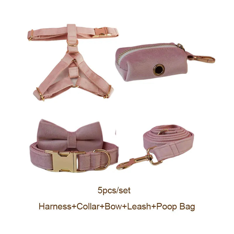 Velvet Luxury Personalized Pet Set – Harness, Collar with Bow, Leash & Poop Bag Holder