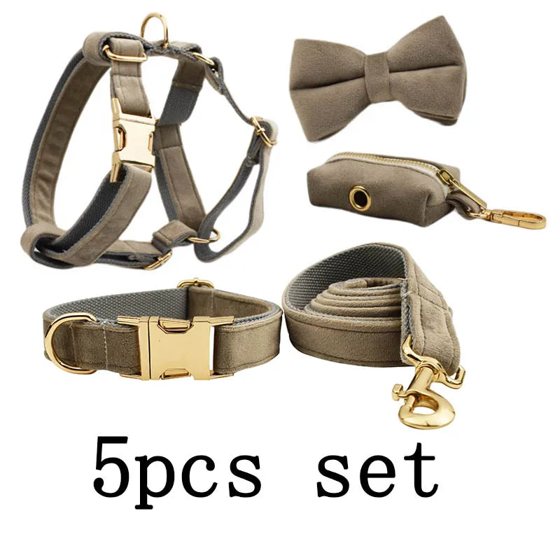 Velvet Luxury Personalized Pet Set – Harness, Collar with Bow, Leash & Poop Bag Holder