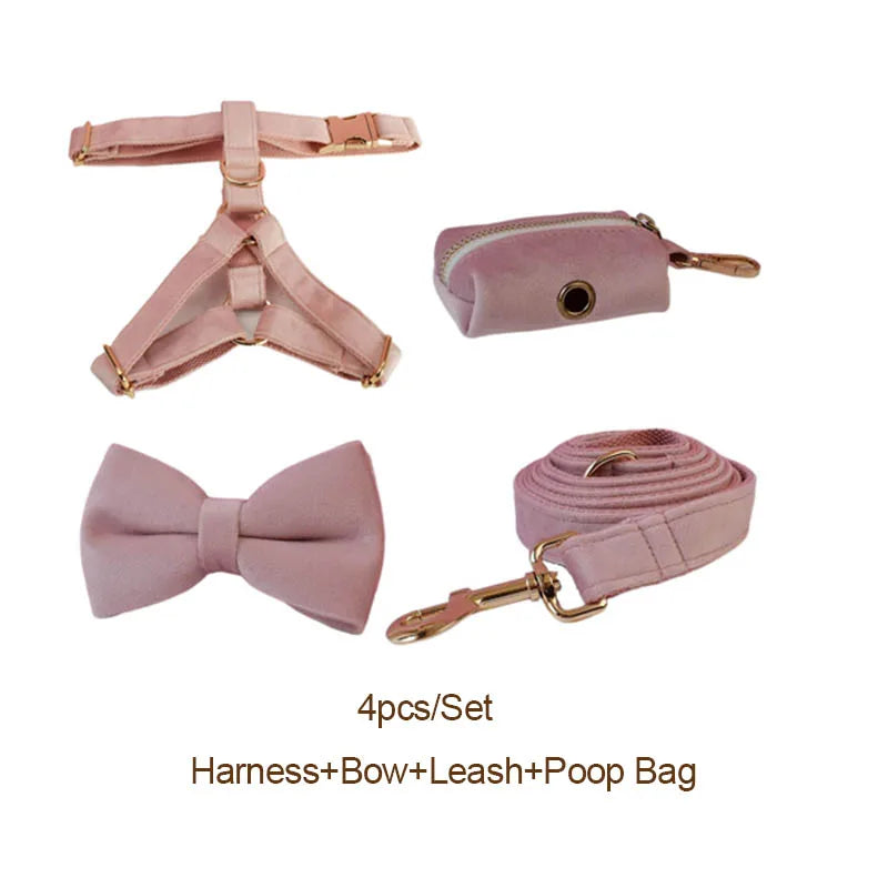 Velvet Luxury Personalized Pet Set – Harness, Collar with Bow, Leash & Poop Bag Holder