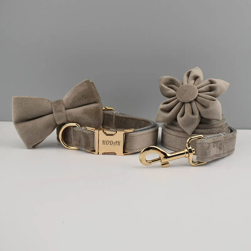 Velvet Luxury Personalized Pet Set – Harness, Collar with Bow, Leash & Poop Bag Holder