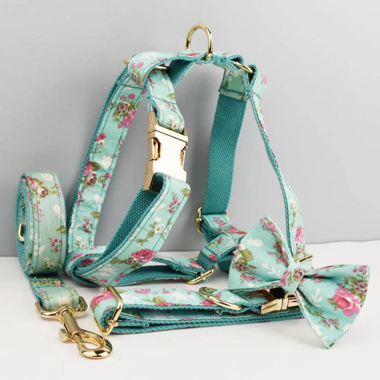 Luxury Personalized Pet Set – Harness, Collar with Bow, Leash & Poop Bag Holder