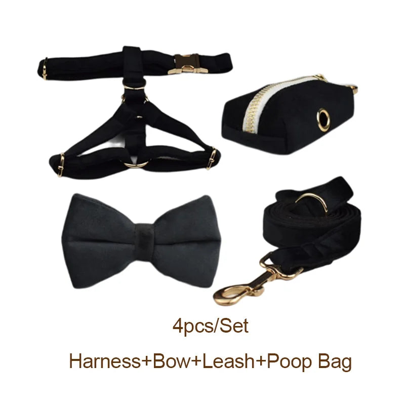 Velvet Luxury Personalized Pet Set – Harness, Collar with Bow, Leash & Poop Bag Holder