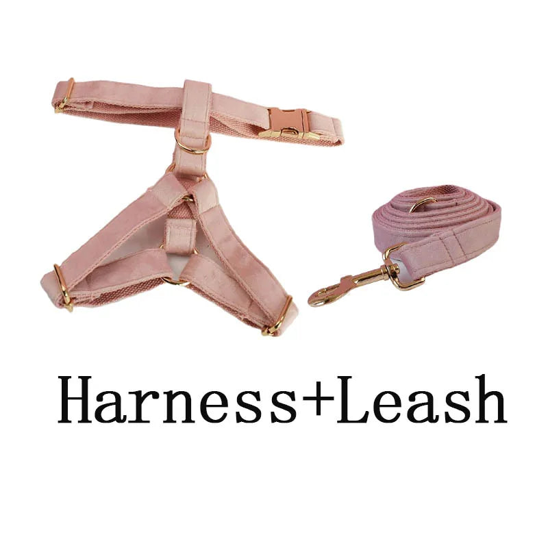 Velvet Luxury Personalized Pet Set – Harness, Collar with Bow, Leash & Poop Bag Holder