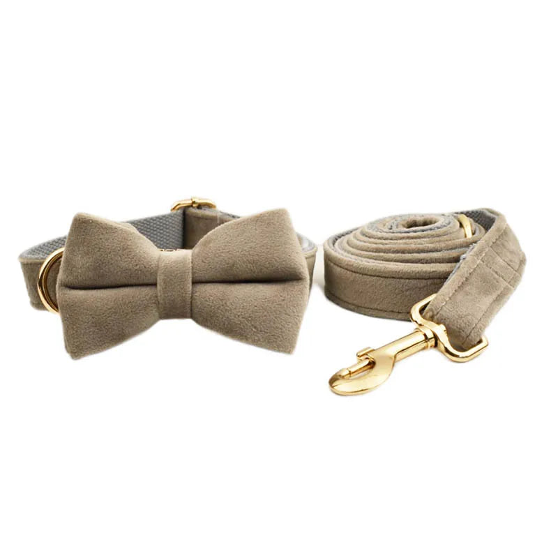 Velvet Luxury Personalized Pet Set – Harness, Collar with Bow, Leash & Poop Bag Holder