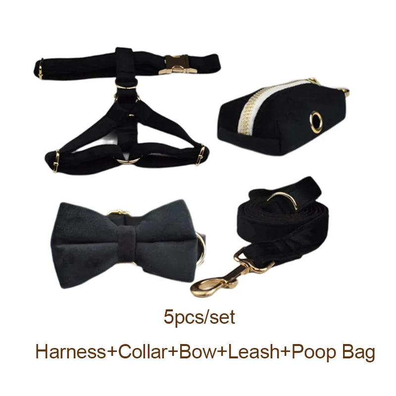 Velvet Luxury Personalized Pet Set – Harness, Collar with Bow, Leash & Poop Bag Holder