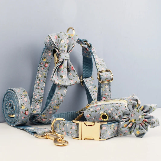 Luxury Personalized Pet Set – Harness, Collar with Bow, Leash & Poop Bag Holder