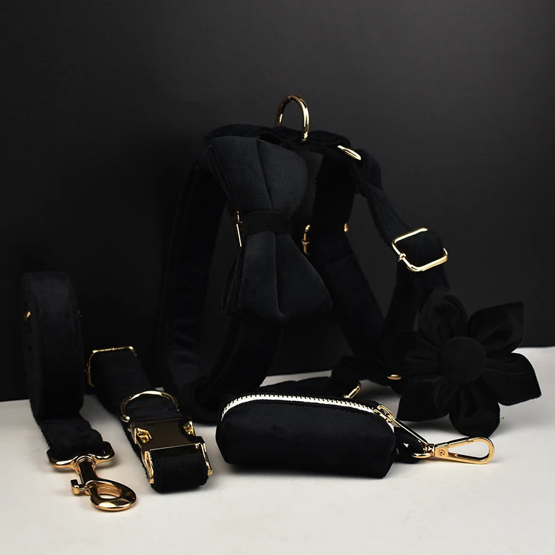 Velvet Luxury Personalized Pet Set – Harness, Collar with Bow, Leash & Poop Bag Holder
