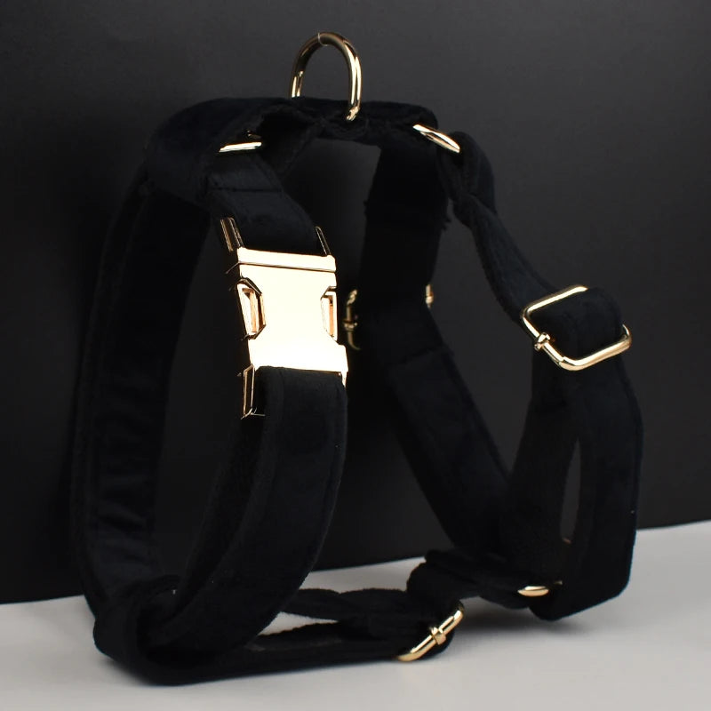Velvet Luxury Personalized Pet Set – Harness, Collar with Bow, Leash & Poop Bag Holder