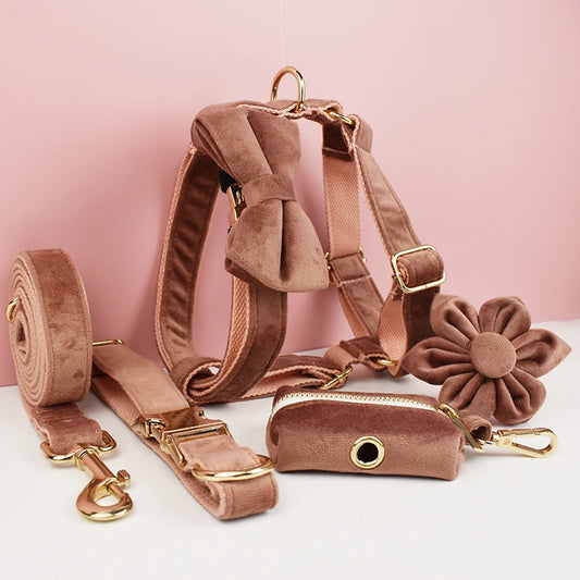 Velvet Luxury Personalized Pet Set – Harness, Collar with Bow, Leash & Poop Bag Holder