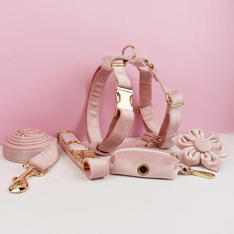 Velvet Luxury Personalized Pet Set – Harness, Collar with Bow, Leash & Poop Bag Holder