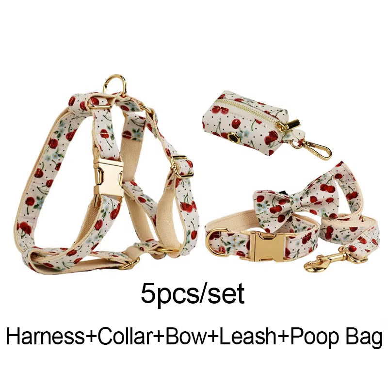 Luxury Personalized Pet Set – Harness, Collar with Bow, Leash & Poop Bag Holder